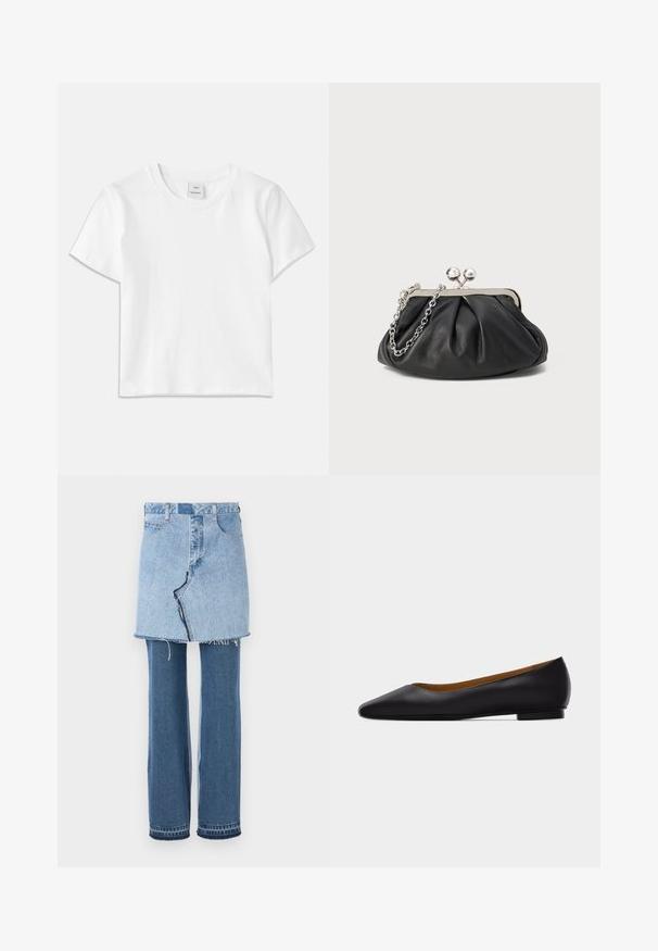 Witte katoenen t-shirt met een ronde hals, korte mouwen en een rechte zoom. Label met "Won Hundred" aan de voorkant van de halslijn.; Denim kledingstuk dat een lichtblauwe minirok bovenop combineert met donkerblauwe flared jeans eronder; heeft een rafelige zoom en klassieke denimtextuur.; Zwarte leren puntschoen met lage hak en gladde afwerking, zijaanzicht op een lichtgrijze achtergrond.; Zwarte leren clutch met geplooide textuur, zilverkleurig metalen frame, drukknopsluiting en kettingriem. Glad, zacht oppervlak.