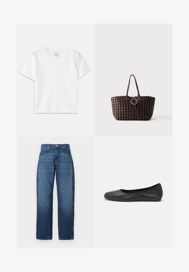 Hvid bomulds-t-shirt med rund hals, korte ærmer og lige kant. Mærke med teksten "Won Hundred" placeret i midten af halsudskæringen.; Mørkeblå denimjeans, lige ben-design, fem lommer og kobberfarvet syning ved sømmene. Glat tekstur med let falming på stoffet.; Sort læderballetsko med rund tå, glat tekstur, minimal syning og et fleksibelt såldesign.; Mørkebrun flettet tote taske med to håndtag og en gylden cirkulær spænde detalje i midten mod en ensfarvet baggrund.