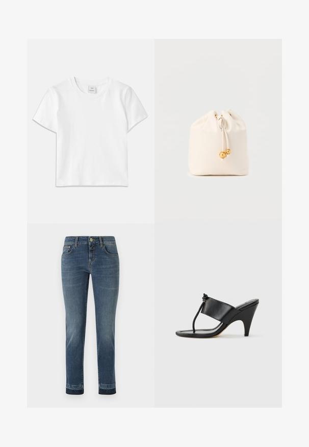 Hvid bomulds-t-shirt med rund hals, korte ærmer og lige kant. Mærke med teksten "Won Hundred" placeret i midten af halsudskæringen.; Mørkeblå denim jeans med lige ben, der har en klassisk knaplukning og fem lommer. Let falming på lårene.; Sort højhælet sandal med bred frontrem og en tåsløjfe med en knyttet snordetalje, vist i profil på hvid baggrund.; Lille off-white læderpose med snørelukning og guldbelagte perler på snorene, stående mod en ensartet lys baggrund.
