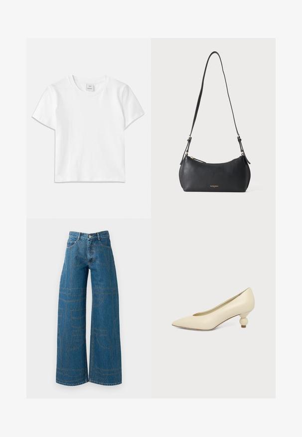 T-shirt en coton blanc avec un col rond, des manches courtes et un ourlet droit. Étiquette marquée "Won Hundred" au centre de l'encolure.; Jeans évasés en denim bleu moyen avec des motifs de couture contrastants et plusieurs designs de poches. Taille haute avec une fermeture à bouton.; Chaussure femme couleur crème à bout pointu avec un petit talon rond en forme de boule, sur fond uni.; Petit sac à épaule en cuir noir avec sangle réglable et fermeture éclair dorée, avec un texte de marque doré discret sur le devant.