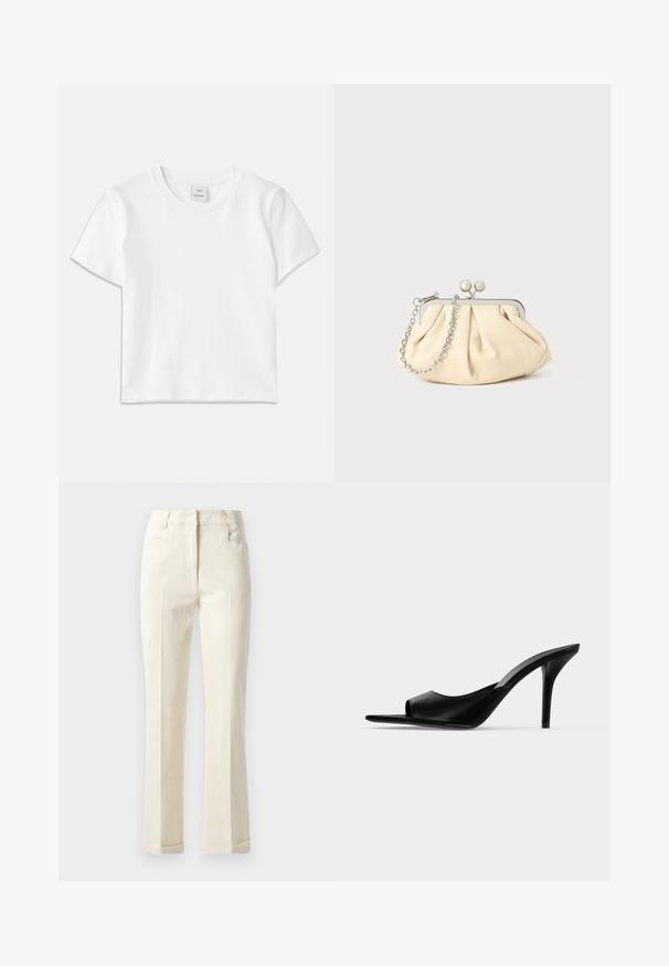 T-shirt en coton blanc avec un col rond, des manches courtes et un ourlet droit. Étiquette marquée "Won Hundred" au centre de l'encolure.; Pantalons beiges à jambe droite en tissu mélangé coton, avec une taille mi-haute, des poches avant et une texture subtile à la surface.; Mule à talon haut en cuir noir à bout ouvert avec un talon stiletto fin, vue de profil sur un fond uni.; Pochette en cuir beige plissé avec un cadre en métal argenté, dotée de deux fermoirs ronds décoratifs et d'une chaîne en argent.