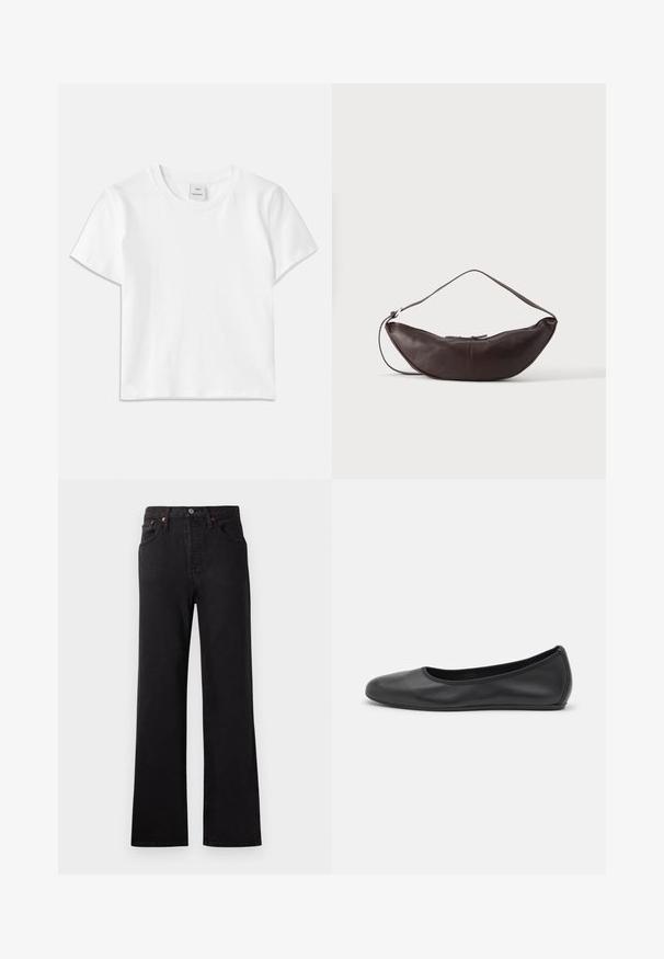 T-shirt en coton blanc avec un col rond, des manches courtes et un ourlet droit. Étiquette marquée "Won Hundred" au centre de l'encolure.; Jean en denim noir taille haute avec une jambe évasée, présentant des coutures visibles, un design à cinq poches et des accents en métal cuivré.; Ballerines en cuir noir avec un bout rond, texture lisse, détails de couture minimalistes et design de semelle flexible.; Sac d'épaule en cuir marron foncé en forme de croissant avec une lanière courbée et des coutures visibles sur fond uni.