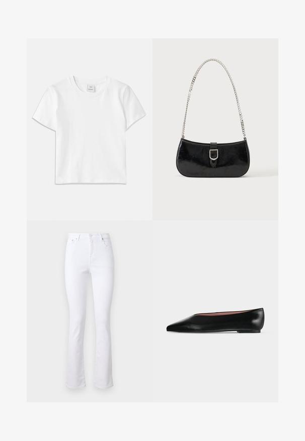 T-shirt en coton blanc avec un col rond, des manches courtes et un ourlet droit. Étiquette marquée "Won Hundred" au centre de l'encolure.; Jeans en denim blanc évasés avec une taille haute, quatre poches et une fermeture à bouton à l'avant. Présente une texture lisse et des ourlets nets.; Chaussure plate en cuir noir pour femme, avec bout pointu et petit talon, vue de côté sur un fond gris clair uni.; Sac à épaule en cuir verni noir avec détail de boucle argentée et bandoulière en chaîne argentée, présenté sur un fond uni clair.