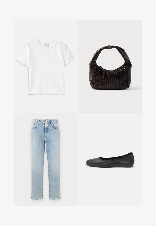 Weißes Baumwoll-T-Shirt mit Rundhalsausschnitt, kurzen Ärmeln und geradem Saum. Etikett mit der Aufschrift "Won Hundred" an der Mitte des Ausschnitts.; Hellblaue Jeans aus Denim mit geradem Bein, fünf Taschen und Kupferbeschlägen. Mit einer ausgeblichenen Textur und stabilen Nähten.; Schwarze Leder-Ballettschuhe mit abgerundeter Spitze, glatter Textur, minimalen Nähdetails und einem flexiblen Sohlen-Design.; Geflochtene Lederhandtasche in Dunkelbraun, abgerundete Form mit einem dicken geflochtenen Griff. Verfügt über einen Reißverschluss und dezentes Branding an der Seite.