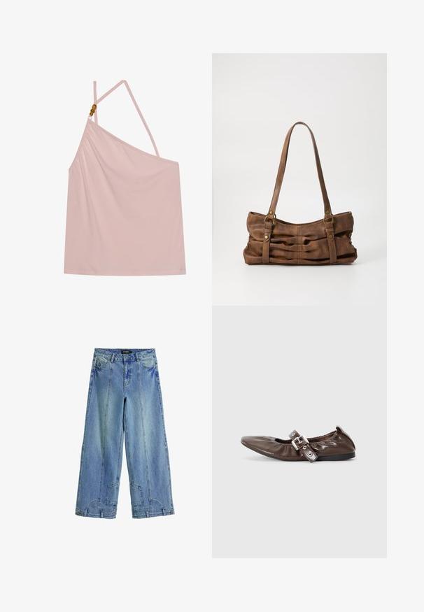Lyserød ærmeløs top med draperet design, tynde stropper og en dekorativ perleaccent på den ene skulder. Glat, blød stofstruktur.; Lysblå, brede jeans i denim med høj talje, markante syninger og lappe-lignende detaljer på baglommerne.; Brun lakeret flad sko med spids tå, elastisk sløjfedetalje og en sølvspændeaccent på siden. Sort gummisål.; Even&Odd Håndtasker - brown
