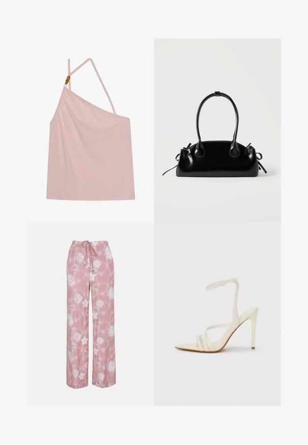 Haut sans manches rose clair avec un design drapé, bretelles fines et un ornement en perles décoratif sur une épaule. Texture de tissu lisse et douce.; Pantalon rose à jambes larges avec broderie florale blanche et taille à cordon, présenté sur un fond uni.; Sandales à talons hauts beiges avec un bout pointu, comportant trois brides à l'avant et une fine bride à la cheville avec une boucle. Texture lisse, design minimaliste.; Petit sac à main noir brillant avec deux longues anses et des détails à cordon sur les côtés sur un fond clair uni.