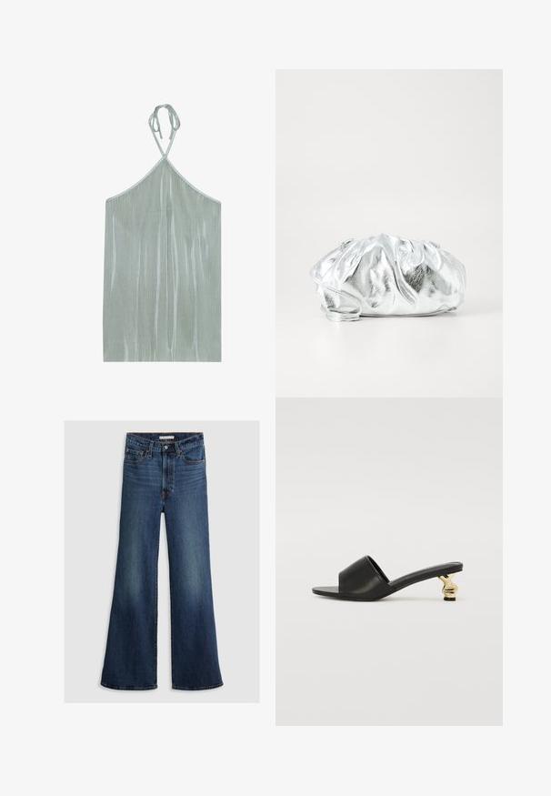 Lichtgroene mouwloze top met een halternek, met verticale geribbelde textuur en strikjes bij de halslijn, gemaakt van een glanzende stof.; Wijde jeans in donkerblauw denim, met een hoge taille, vijf zakken en contrasterend stiksel langs de naden en tailleband.; Zwarte leren slidesandalen met een open teen en een gebogen gouden accenthak. Platte zool met een minimaal ontwerp en een gladde textuur.; Metalen zilveren clutch tas met een zachte, geplooide body en een dunne schouderriem. Kenmerkt zich door een gladde, glanzende textuur en afgeronde vorm.