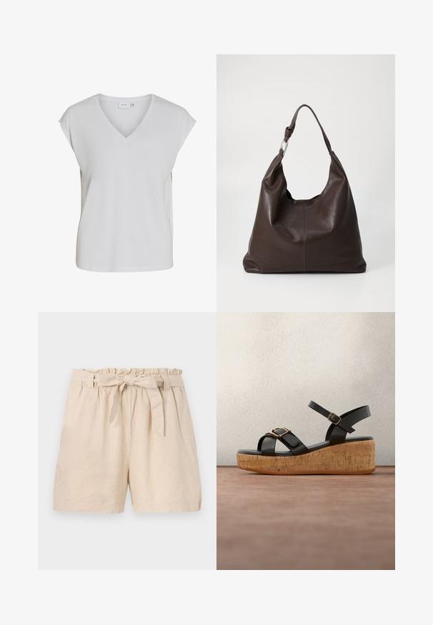 Top corto de manga corta blanco, hecho de un tejido suave con un escote en V y un corte holgado. Diseño simple; sin patrones ni adornos visibles.; Pantalones cortos de lino beige con una cintura elástica, dobladillo con volantes y un cinturón atado desmontable. Presentan un corte relajado y un tejido suave y texturizado.; Sandalia de plataforma de cuero negro con suela de corcho, con dos hebillas doradas y una correa en el tobillo, flotando sobre un suelo gris.; Zign LEATHER - Bolso shopping - chocolate brown
