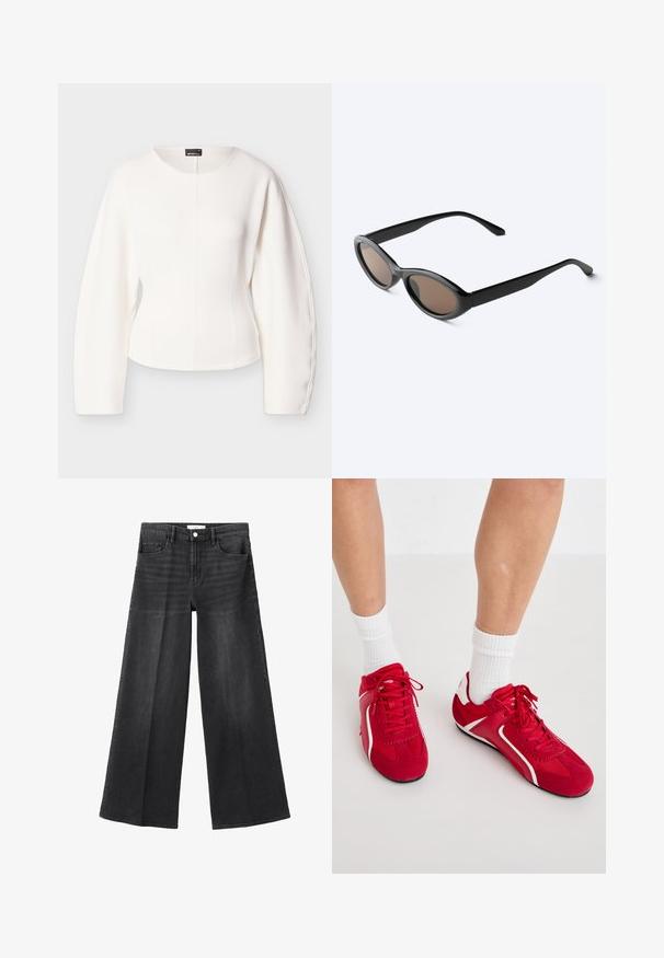 Hvid cropped top med lange, strukturerede ærmer. Glat tekstur, rund halsudskæring og detalje med central søm. Minimalistisk design, uden synlige lukninger.; Sorte denimjeans med vide ben og højtaljet pasform, med fem lommer, knaplukning og diskrete slidte detaljer for tekstur.; Røde atletiske sko med hvide detaljer, lavet af ruskind og netstof. Har snørebåndsdesign og teksturerede såler for godt greb.; Sorte solbriller med oval ramme og mørke tonede linser, vist i en let vinkel på en hvid overflade.