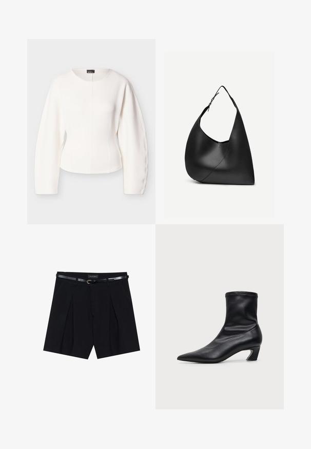 Weißes, kurz geschnittenes Top mit langen, strukturierten Ärmeln. Glatte Textur, runder Ausschnitt und zentrale Nahtdetails. Minimalistisches Design, keine sichtbaren Verschlüsse.; Schwarze maßgeschneiderte Shorts mit Falten, ausgestattet mit einem schmalen schwarzen Gürtel mit goldener Schnalle. Hergestellt aus einem glatten Stoff, der einen eleganten Look bietet.; Schwarzer Lederstiefel bis zur Mitte der Wade mit spitzer Schuhspitze und niedrigem, geschwungenem Absatz, von der Seite auf hellem, einfarbigem Hintergrund dargestellt.; Schwarze Leder-Schultertasche mit geschwungener dreieckiger Form, einem verstellbaren Einzelriemen und sichtbarer diagonaler Naht auf der Vorderseite.