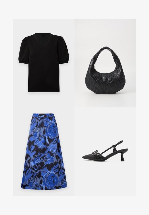 Zwart shirt met korte mouwen en pofmouwen, voorzien van een V-hals, afgebeeld op een effen witte achtergrond.; A-lijn rok in een blauw bloemenpatroon op een zwarte achtergrond. Elastische tailleband, lichtgewicht stof en knielange ontwerp.; Simmi London DALA - Klassieke pumps - black; Zwarte geweven handtas met een gebogen handvat, met een gestructureerd oppervlak en een slouchy vorm. Gladde afwerking met een organische silhouette.