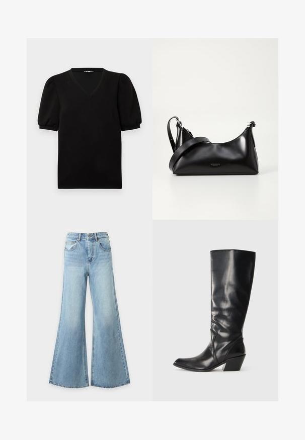 Zwart shirt met korte mouwen en pofmouwen, voorzien van een V-hals, afgebeeld op een effen witte achtergrond.; Lichtblauwe denim jeans met wijde pijpen, vooraan met knoop- en ritssluiting, riemlussen en voorzakken, weergegeven op een effen achtergrond.; Zwarte leren hoge laars tot de knie met een spitse neus, hoekige hak en een soepele textuur. Heeft een subtiele gestikte accent langs de zijkant.; Zwarte leren handtas met een gladde textuur. Beschikt over een verstelbare schouderband en een strak, minimalistisch ontwerp met een ritssluiting.