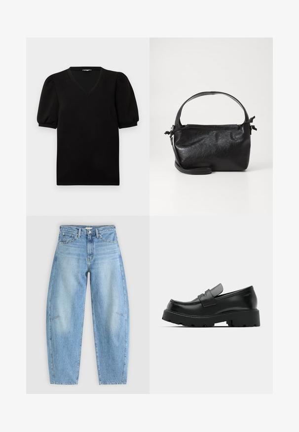 Sort kortærmet top med puffede ærmer og V-udskæring, vist mod en ensfarvet hvid baggrund.; Lyseblå denimjeans med en afslappet pasform, der har høj talje, lige ben og diskrete syninger på frontlommen.; Sorte læder loafers med en chunky tekstureret sål, der har en rem over vamps og en glat, poleret finish.; Sort læderhåndtaske med et struktureret design, rund tophåndtag og aftagelig skulderrem. Den har en glat tekstur og en subtil glans.