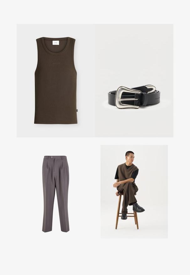 Brun ribbet ærmeløs tanktop med rund halsudskæring og "LES DEUX" broderet med små bogstaver på brystet.; Grå plisserede bukser lavet af glat stof, med lige ben-design, en enkelt knaplukning og skrå sidelommer.; Brun strikket vest over en sort t-shirt, parret med brune vidde bukser og sorte chunky sko, siddende på en træstub.; Sort læderbælte med stort, sølvfarvet western-spænde og matcher sølv bæltespids, rullet sammen på hvid baggrund.