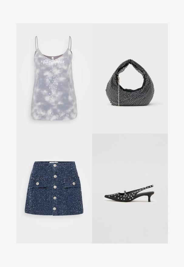 Top sin mangas gris con una textura suave, que presenta un patrón de teñido anudado y acentos de lentejuelas dispuestos en forma vertical, con tirantes ajustables delgados.; Minifalda de tweed azul marino con cierre frontal de botones, dos bolsillos de parche y patrón texturizado. Cuenta con botones en tono plateado para el cierre.; Zapatos de tacón bajo negros tipo slingback con punta afilada, decorados con tachuelas plateadas, que presentan un detalle de correa con hebilla.; Bolso de malla negra adornado con tachuelas plateadas, con un asa curvada y una correa de cadena. Textura suave con forma redondeada.