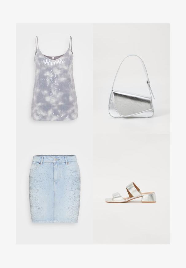 Top sin mangas gris con una textura suave, que presenta un patrón de teñido anudado y acentos de lentejuelas dispuestos en forma vertical, con tirantes ajustables delgados.; Falda de mezclilla azul claro con un diseño ajustado, cintura media y adornada con tachuelas plateadas en un patrón degradado en un lado.; Sandalias de tacón cuadrado plateadas con dos correas cruzadas. Acabado metálico suave y diseño sencillo. Punta abierta con un tacón bajo y cuadrado.; Bolso de mano metálico plateado con forma triangular, textura suave y una fina correa de hombro ajustable. Presenta un diseño plegable con costuras.