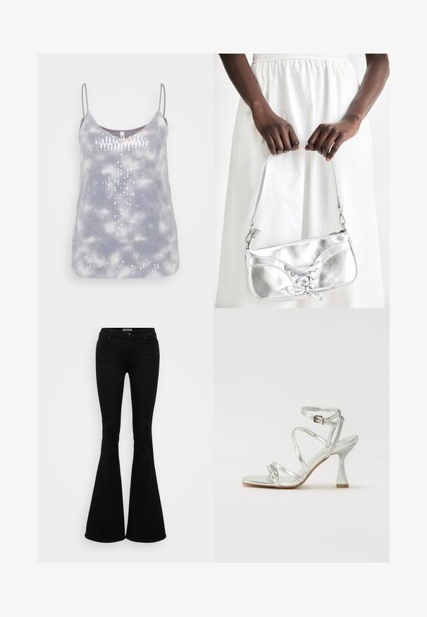 Hallika tooni tank top pehme tekstuuriga, millel on triibuline batikmustrit ja vertikaalses asendis sädelevad aksessuaarid, reguleeritavad õhukesed rihmad.; Mustad flared teksad, mis on valmistatud elastse denimiga, millel on istuv talje, ees ja taga taskud ning nööbiga kinnitamine taljes.; Hõbedased kõrge kontsaga sandaalid, millel on mitmed ristuvad rihmad, nööridega pahkluu rihm ja kujundatud konts, sädelevast metallik viimistlusest.; Hõbedane metallist käekott, millel on paeltega detail, elegantse disainiga ja lühikese rihmaga. Kotti hoitakse kätes, esitades selle tekstuuri.
