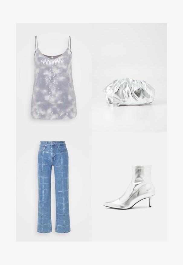 Débardeur gris avec une texture douce, présentant un motif tie-dye et des accents de sequins disposés verticalement, avec des bretelles fines ajustables.; Jean en denim bleu clair avec une coupe droite, ornés d'un motif en grille de clous argentés et d'un design classique à cinq poches.; Bottine métallique argentée avec un bout pointu et un talon fin. Présente un ajustement snug et une texture lisse et brillante. Accent de couture en haut.; Pochette argent métallique avec un corps doux et froncé et une fine bandoulière. Présente une texture lisse et brillante ainsi qu'une forme arrondie.