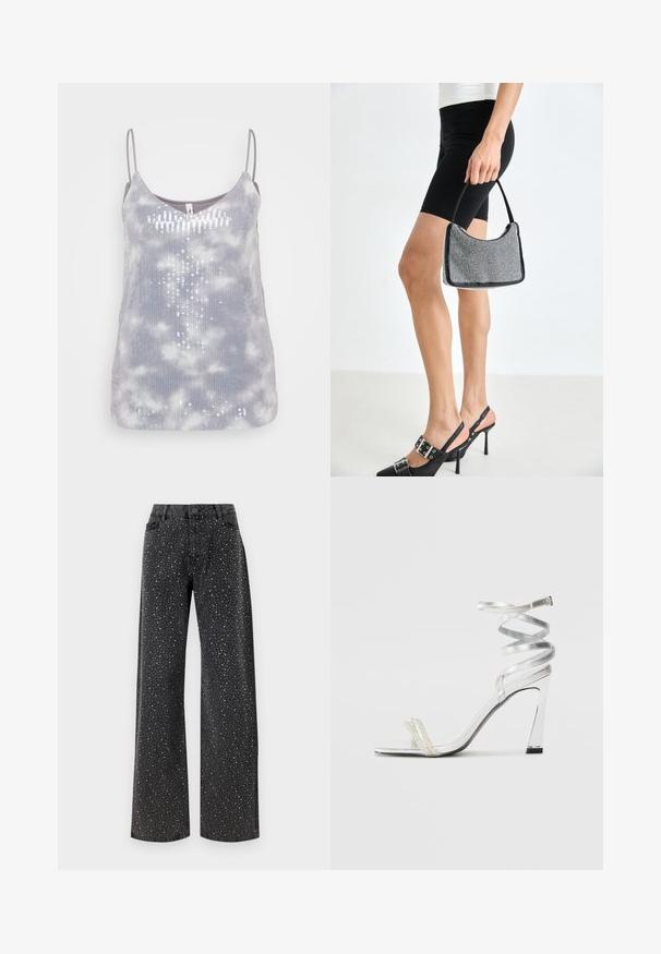 Top sin mangas gris con una textura suave, que presenta un patrón de teñido anudado y acentos de lentejuelas dispuestos en forma vertical, con tirantes ajustables delgados.; Noisy May Rhinestone - Vaqueros boyfriend - black denim; Sandaia de tacón alto plateada con un diseño de tira brillante, que cuenta con un acento similar a una perla y una correa en espiral en el tobillo para un ajuste seguro.; Bolso de cuentas negras con una silueta curva, asa de transporte y textura brillante. Llevado con zapatos de tacón altos negros y pantalones cortos negros ajustados.