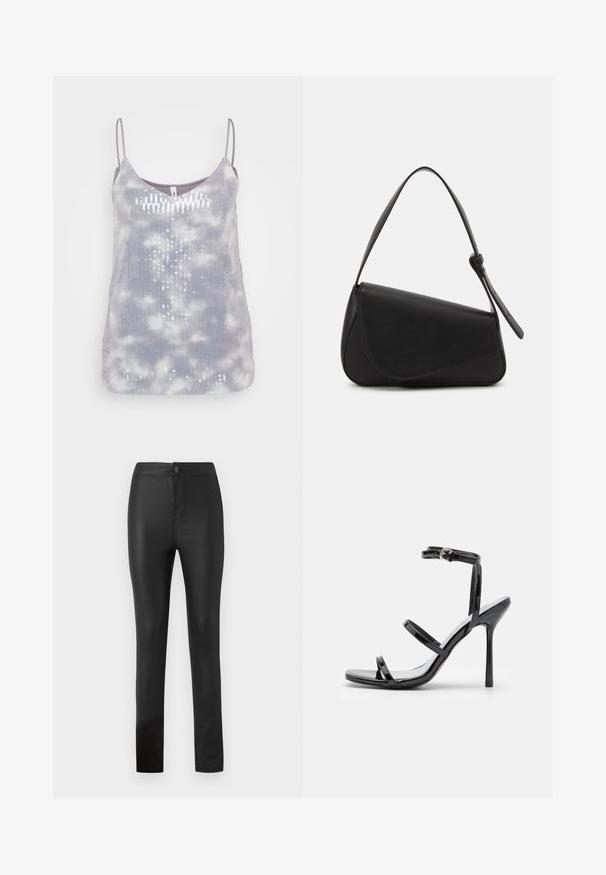 Hallika tooni tank top pehme tekstuuriga, millel on triibuline batikmustrit ja vertikaalses asendis sädelevad aksessuaarid, reguleeritavad õhukesed rihmad.; Mustad mustad leggings, mis on valmistatud elastsemast ja siledast materjalist ning millel on napilt istuv disain, esipaneelil nööp ja tõmblukk, ning sirged sääred.; Mustad nahast kõrge kontsaga sandaalid, millel on kolm horisontaalset rihma ja reguleeritav pahkluuri rihm. Sleek siluett ja läikiv viimistlus.; Mustmust värvi nahk-käekott, kolmnurkse kujuga, kaldega klapp ja ümar pehandle. Omab siledat tekstuuri ja minimalistikku kujundust.