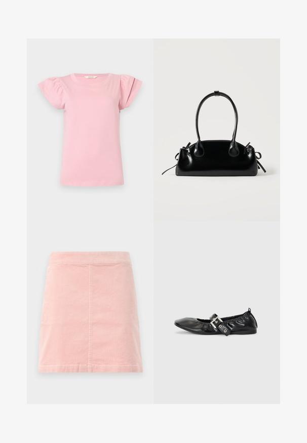 Blusa rosa claro de manga corta con cuello redondo y mangas abullonadas fruncidas, exhibida sobre un fondo liso y claro.; Mini falda de pana rosa con una cintura ajustada y textura de costillas verticales. El dobladillo es recto y presenta un diseño simple sin decoraciones.; Zapato plano de piel negra con puntera afilada, detalle fruncido alrededor de la abertura y un acento de hebilla plateada en la correa ajustable.; Pequeño bolso negro brillante con dos asas largas y detalles de cordón lateral sobre un fondo claro liso.