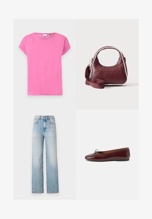 Roze t-shirt met korte mouwen en ronde hals, met omgeslagen mouwzomen en een effen, gladde stofstructuur op een witte achtergrond.; Lichtblauwe wijde jeans van denim, met een hoge taille, subtiele vervaging en een traditionele vijf-pocketontwerp met contrasterende stiksels.; Bordeaux gepatenteerd lederen ballerina met een ronde neus, een klein strikaccent aan de voorkant en een lage, zwarte rubberen zool. Glad textuur.; Donkerrode geweven leren handtas met gebogen handvat, witte bies, zilveren rits en afneembare brede stoffen schouderriem tegen een effen achtergrond.