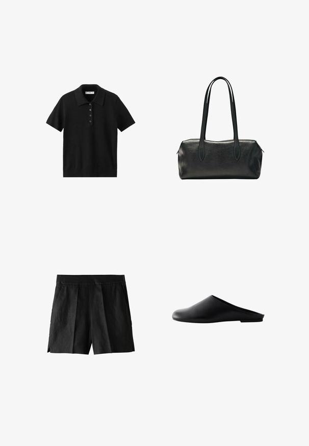 Sort kortærmet polo-shirt med fire knapper foran og klassisk krave, vist på hvid baggrund.; Sorte linnedrenge med plisseret front, sidelommer og en afslappet pasform. Stoffet har en glat tekstur og et afslappet design.; Sort slip-on mule sko med lukket rundet tå og lav flad hæl, vist fra siden på hvid baggrund.; Sort rektangulær læderhåndtaske med to lange skulderstropper og en lynlåslukning øverst.