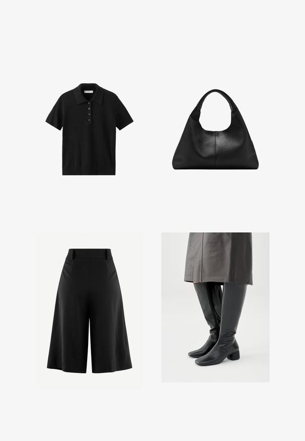 Schwarzes Poloshirt mit kurzen Ärmeln, vier Knöpfen und klassischem Kragen, auf weißem Hintergrund dargestellt.; Schwarzweite Beinhosen mit gefaltetem Vorderteil, hoher Taille und glattem Stofftextur. Verfügt über ein sauberes, minimales Design ohne sichtbare Beschläge.; Kniehohe schwarze Lederstiefel mit quadratischer Zehenpartie, schrägem Blockabsatz und seitlichem Reißverschluss; glatte Textur und körperbetontes Design.; Schwarze Handtasche aus strukturiertem Leder mit breitem Boden und dicken, abgerundeten Griffen, ausgestattet mit einer zentralen vertikalen Naht und feinen Steppnähten.