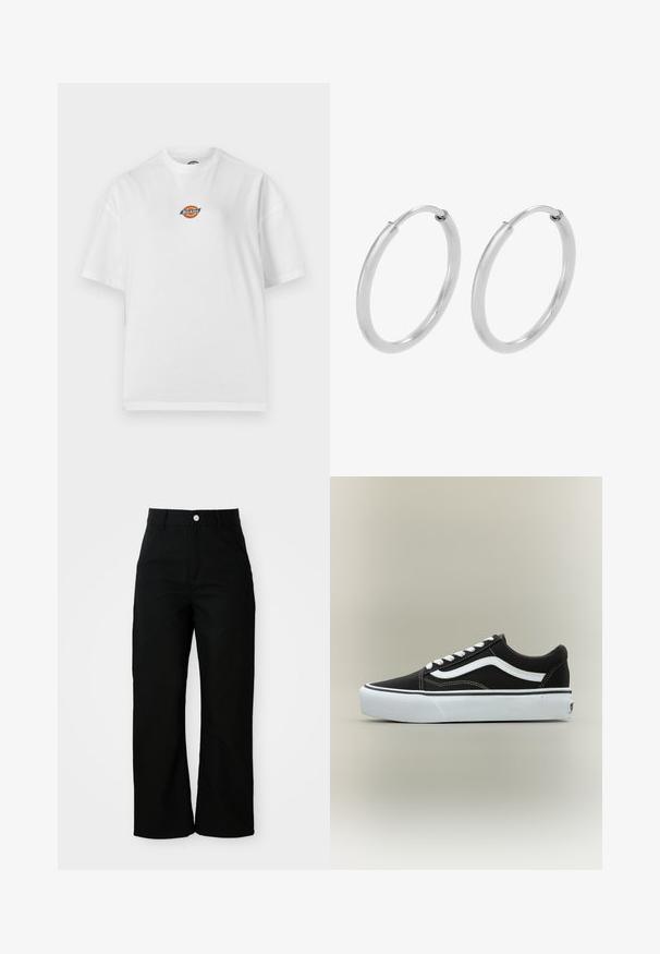 Hvid T-shirt med korte ærmer og rund hals, med en lille farverig Dickies-logo placeret midt på brystet mod en ensfarvet baggrund.; Sorte højtaljede bukser med lige ben, forlommer, bæltestropper og sølvfarvet knaplukning på hvid baggrund.; Lavtop sort sneaker med hvid side stribe, hvide snørebånd, hvid gummisål og tekstureret tåhætte på neutral baggrund.; Sølv hoops øreringe, cirkulær form, glat skinnende tekstur og ensartet bredde hele vejen igennem. Minimalistisk design uden yderligere accenter.
