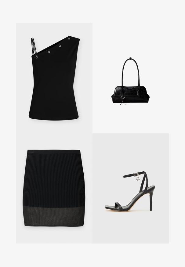 Haut asymétrique noir sans manches avec une bretelle, texte de marque sur la bretelle et quatre œillets métalliques le long de l'encolure.; Mini-jupe en tricot côtelé noir avec une bande inférieure contrastante d'une teinte légèrement plus claire, présentant une silhouette ajustée et une taille élastique.; Sandale à talon haut noire avec une bride étroite à la cheville, bout carré, cuir lisse et accent de boucle métallique.; Sac à épaule en cuir noir à texture crocodile, avec de longues sangles et un petit charm logo argenté sur une sangle.