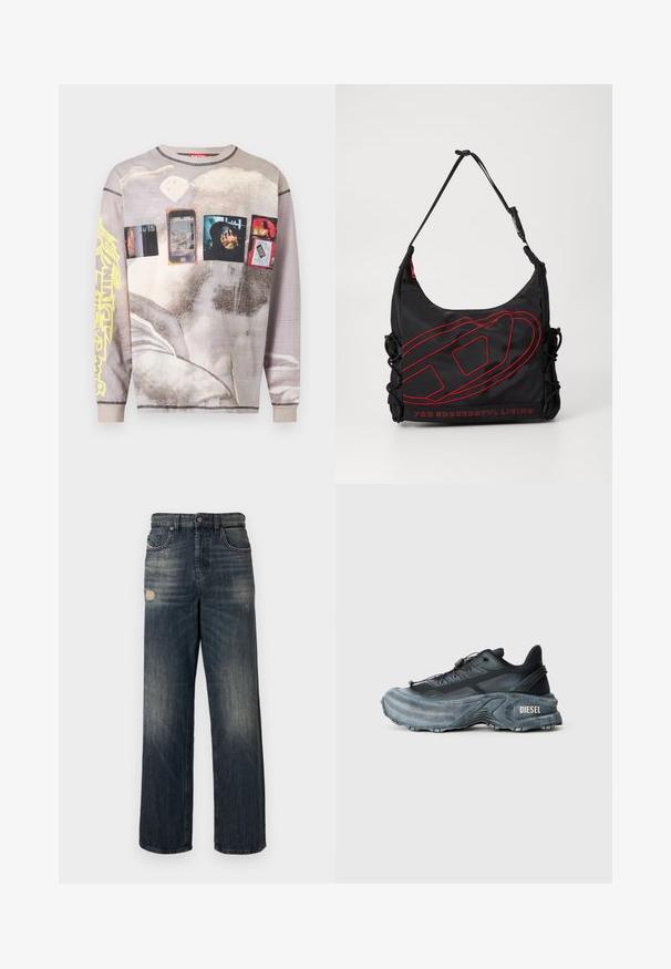 Chemise beige délavée à manches longues avec des imprimés graphiques de smartphones, de personnes et de formes abstraites, avec un design de texte jaune sur une manche.; Jean en denim bleu coupe décontractée, avec des détails usés et un lavage délavé, cinq poches et une fermeture éclair.; Baskets Diesel noires et grises avec semelle épaisse, système de laçage à bascule et design texturé sur fond gris clair uni.; Sac en nylon noir avec coutures rouges. Dispose d'une forme arrondie, d'une bandoulière réglable et du texte "POUR UNE VIE RÉUSSIE" en bas.
