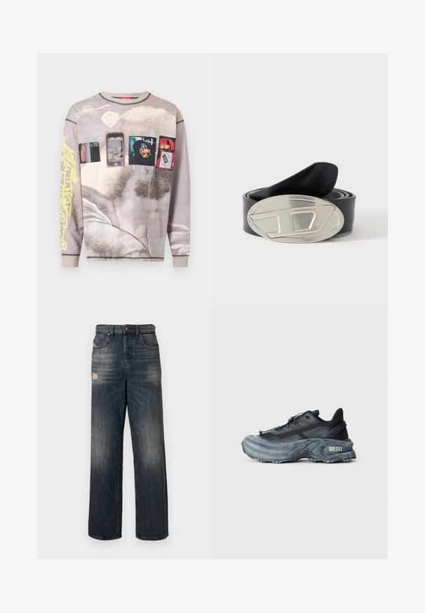 Chemise beige délavée à manches longues avec des imprimés graphiques de smartphones, de personnes et de formes abstraites, avec un design de texte jaune sur une manche.; Jean en denim bleu coupe décontractée, avec des détails usés et un lavage délavé, cinq poches et une fermeture éclair.; Baskets Diesel noires et grises avec semelle épaisse, système de laçage à bascule et design texturé sur fond gris clair uni.; Ceinture en cuir noir roulé avec une grande boucle ovale argentée présentant un motif géométrique abstrait en relief.