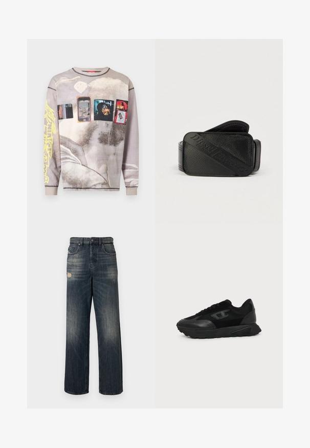 Langærmet, falmet beige skjorte med grafiske tryk af smartphones, mennesker og abstrakte former, med gul tekstdesign på det ene ærme.; Blå denimjeans med løs pasform, med slidte detaljer og en falmet vask, fem lommer og lynlåslukning.; Sort lavt snøresko med struktureret sål, mesh- og læderoverdel, snørebånd foran og et lille præget logo på sidepanelet.; Sort bælte med et struktureret design og et fremtrædende præget logo. Materialet virker glat med en læderlignende finish.