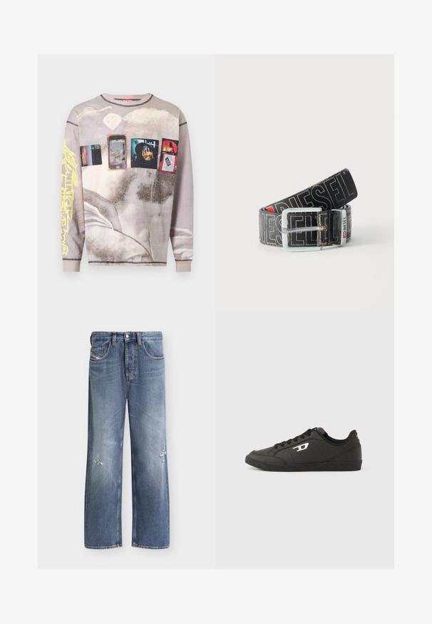 Chemise beige délavée à manches longues avec des imprimés graphiques de smartphones, de personnes et de formes abstraites, avec un design de texte jaune sur une manche.; Jean bleu droit avec légère usure aux deux jambes, poches avant, passants de ceinture et fermeture par bouton.; Baskets synthétiques noires avec une semelle noire texturée, un bout rond et des lacets plats noirs. Logo blanc remarquablement placé sur le côté extérieur.; Ceinture noire Diesel avec grand texte logo blanc, boucle rectangulaire en argent, et détail de boucle métallique brandée, enroulée sur un fond clair.