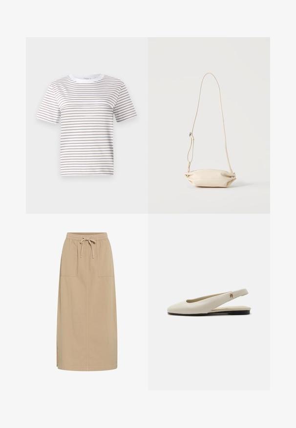 Hvid t-shirt med korte ærmer og horisontale beige striber. Rund halsudskæring, lavet af blødt stof, med en afslappet pasform og standard kant.; Beige bomuldsnederdel med snoreliv, to sidelommer, lige pasform og sideslidser for nem bevægelse. Glat tekstur.; Flatsko i cremefarvet læder med rundet tå og lille guldemblem på remmen.; Lille beige læder crossbody taske med justerbar rem, vist mod en ensfarvet lys baggrund.