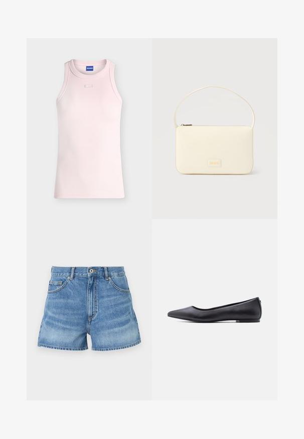 Ärmelloses, geripptes, hellrosa Tanktop mit rundem Ausschnitt und kleinem rechteckigem Stoffdetail unterhalb des Kragens, HUGO-Label innen am Kragen.; Helle blaue Jeansshorts mit hoher Taille, fünf Taschen und rohem Saum. Mit einem Metallknopf und Kontrastnähten an den Nähten.; Schwarzer flacher Lederschuh mit spitzer Kappe und niedrigem Absatz, seitlich vor weißem Hintergrund gezeigt.; Rechteckige Handtasche in Cremefarbe mit einem einzelnen Trageriemen und Reißverschluss oben, ausgestattet mit einer kleinen, geprägten Logoplakette vorne.
