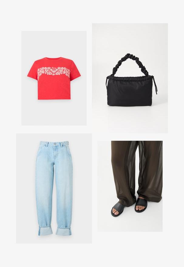 Rode cropped T-shirt met witte bloemenband over de borst en "Roxy"-logo gecentreerd boven het bloemenpatroon.; Lichtblauwe denim jeans met een hoge taille, gevlochten taillebanddetail, losse pasvorm en opgerolde manchetten aan de zoom. Voorzien van steekzakken.; Voeten in zwarte slidesandalen gecombineerd met losse, doorschijnende bruine broek tegen een effen witte achtergrond.; Zwarte tas gemaakt van zacht, gladde stof. Beschikt over een geplooide handgreep en een trekkoordsluiting, met een rechthoekige vorm en geen zichtbare hardware.