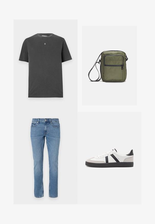 Dunkelgraues Baumwoll-T-Shirt mit rundem Halsausschnitt und kurzen Ärmeln; verfügt über ein kleines, zentriertes Logo in Weiß auf der Brust.; Blaue gerade geschnittene Denim-Jeans mit Fronttaschen, Gürtelschlaufen und Knopfverschluss.; Weiße Sneaker mit schwarz- und grau-aczenten, ausgestattet mit einer strukturierten grauen Zehenkappe, schwarzer Gummi-Sohle und flachen weißen Schnürsenkeln. Sauberes Design, minimalistische Stil.; Olivgrüne Umhängetasche mit glatter Oberfläche, ausgestattet mit einer vorderen Reißverschlusstasche und einem verstellbaren Schultergurt. Hergestellt aus strapazierfähigem Nylonmaterial.