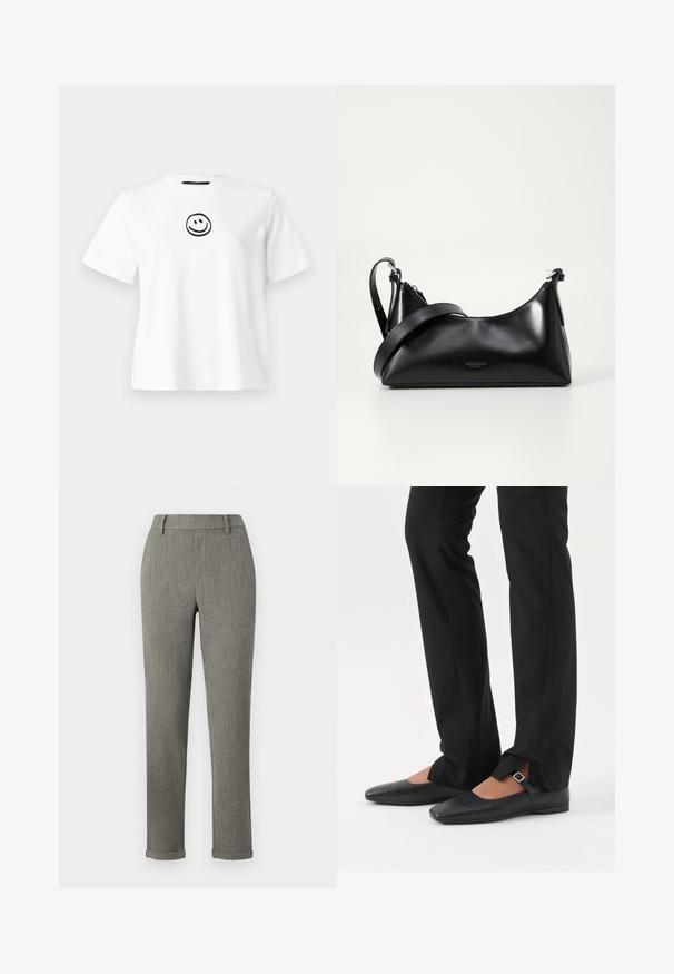 Weißes Baumwoll-T-Shirt mit kurzen Ärmeln, einem runden Ausschnitt und einem schwarz gestickten Smiley-Gesicht in der Mitte. Glatte Textur.; Graue, maßgeschneiderte Slim-Fit-Hosen mit Gürtelschlaufen und umgeschlagenen Säumen, geeignet für formelle Anlässe oder das Büro.; Beine in schwarzen schmalen Hosen mit vorderen Schlitzen am Saum, kombiniert mit schwarzen flachen Mary-Jane-Schuhen mit kleinem Schnallenriemen.; Schwarze lederne Handtasche mit glatter Textur. Verfügt über einen verstellbaren Riemen und ein elegantes, minimalistisches Design mit einem Reißverschluss.