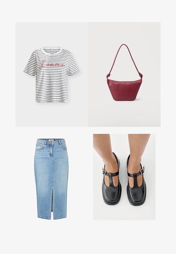 Hvid T-shirt med korte ærmer med tynde sorte vandrette striber og rød kursiv tekst "l'amour" hen over brystet.; Lyseblå denimnederdel med lige snit, frontslids, bæltesløjfer og knaplukning i toppen. Har klassisk syning og lommer.; Sorte lædersko med T-rem-design, lukket tå og sølvfarvede spændeaccenter. Glat tekstur med rundet tå og flad sål.; Lille skuldertaske i bordeaux læder med knyttet rem og lynlåslukning øverst mod en ensartet lys baggrund.