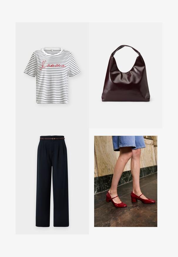 T-shirt blanc à manches courtes avec fines rayures horizontales noires et texte rouge en cursive "l'amour" sur la poitrine.; Pantalon noir taille haute à jambes larges avec plis et une fine ceinture tressée marron, présenté sur un fond blanc.; Personne portant des escarpins blocs rouges brillants et une jupe en denim bleu, se tenant sur un sol carrelé sombre près d'un mur en marbre.; Sac en cuir vegan bordeaux, brillant, avec une forme douce et sculpturale et une large poignée incurvée pour un transport facile.