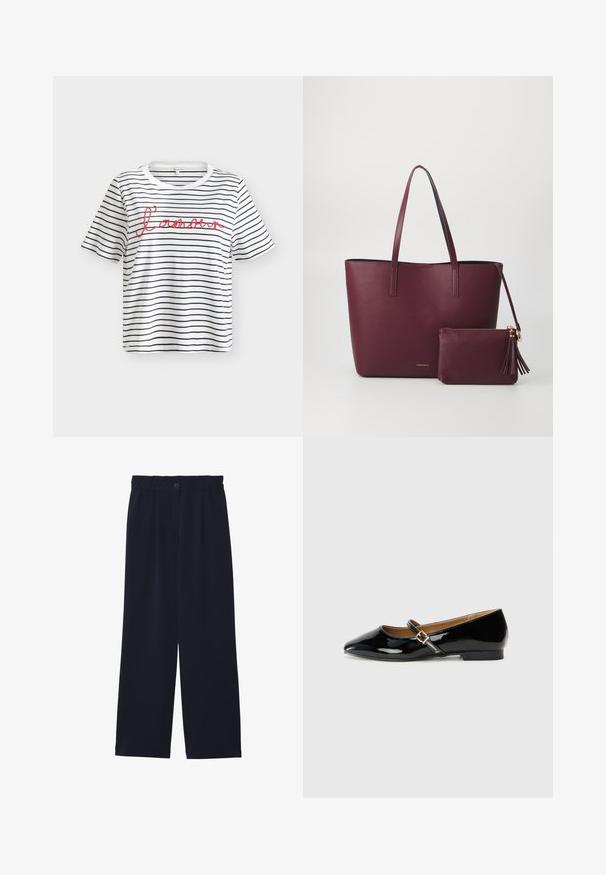 Camiseta blanca de manga corta con finas rayas horizontales negras y texto en cursiva roja "l'amour" en el pecho.; Pantalones de pierna ancha en azul marino con una textura suave, cintura elástica, un pliegue frontal y un cierre de botón en la cintura.; Zapato plano de charol negro con punta afilada, tira en el tobillo con hebilla de tono dorado y tacón bajo tipo bloque. Acabado suave y brillante.; Bolso tote de cuero vegan burdeos con dos asas robustas, incluye un estuche con cremallera a juego con un acento de borlas. Acabado suave y Texturizado.
