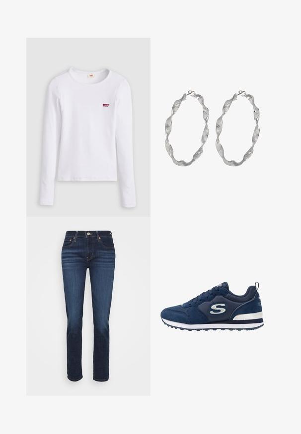 Wit Levi's shirt met lange mouwen, ronde hals en klein rood Levi's-logo op de linkerborst, afgebeeld op een effen achtergrond.; Donkergewassen jeans met een rechte pijpdesign, vijf zakken, koperen hardware-accenten en een subtiele vervaagde textuur langs de dijen.; Marineblauwe sportschoen van suede en mesh materialen, met een opvallend zilveren logo, gestructureerde bovenkant en een witte tussenzool.; Zilveren ringoorbellen met een gedraaide ontwerp, met een gestructureerd oppervlak en een veilige sluiting. Lichtgewicht en reflecterend met een vloeiende afwerking.