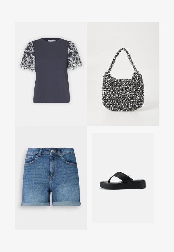 VILA VIABI - T-shirt imprimé - navy blazer/white; Short en jean bleu avec ourlets roulés, fermeture devant par bouton et fermeture éclair, passants de ceinture, poches avant et poche monnaie.; Tongs à plateforme noire avec large bride en cuir et semelle rembourrée, vues de côté sur un fond clair uni.; Sac en osier noir et blanc de forme arrondie, avec une surface texturée et une poignée tressée. Convient à un usage décontracté.