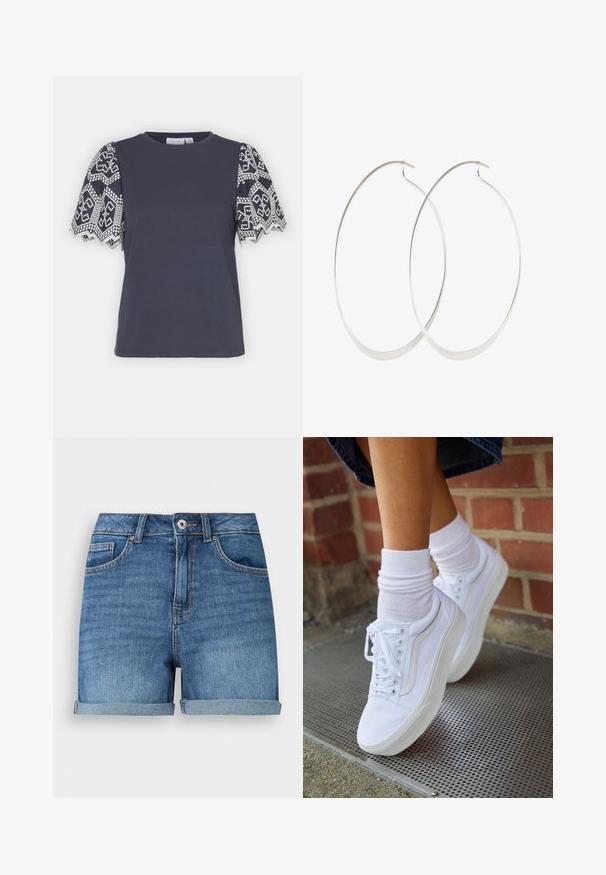 VILA VIABI - Trükipildiga T-särk - navy blazer/white; Sinised teksapüksid ülesrullitud äärega, ees nööbi ja tõmblukuga sulgemine, vööaasad ning esik-t ja münditaskuga.; Valged kanvas tennisikud kummitaldadega, kuue silmaga, ümmarguse varbaga ja kergete tikandite detailidega, koos valgete pahkluusokkidega.; Hõbedased rõngassõrmused õhukese, sujuva disainiga; piklik ovaalne kuju; poleeritud viimistlus; omavad kindlat konksu sulgemist.