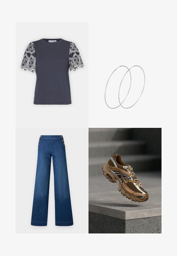 VILA VIABI - T-shirts print - navy blazer/white; Denimbukser med vidde i benene i mørkeblå. Har en flad front med fem knapper i gylden tone til lukning. Glat tekstur med en klassisk finish.; Brun og tan Nike sneaker med mesh og reflekterende detaljer, der svæver over en betonbeklædning mod en sløret grå baggrund.; Sølvøreringe med et minimalistisk design. Cirkulær form, glat tekstur og tynd profil. Letvægtige med en poleret overflade.