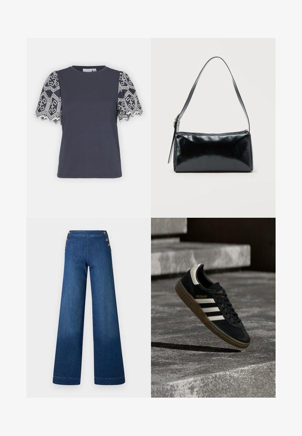 VILA VIABI - T-shirt imprimé - navy blazer/white; Pantalon en denim bleu foncé à jambes larges. Il présente un devant plat avec cinq boutons dorés pour la fermeture. Texture lisse avec une finition classique.; Baskets Adidas noires avec des bandes blanches et une semelle en gomme flottant au-dessus d'escaliers en béton gris sous une lumière naturelle.; Sac d'épaule rectangulaire noir avec une sangle réglable unique et une fermeture éclair supérieure sur un fond uni.