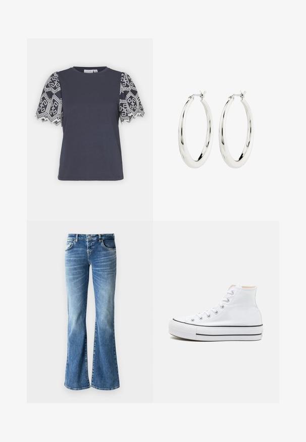 VILA VIABI - T-shirt print - navy blazer/white; Lichtblauwe denim flared jeans met een vervaagde wassing, vijf zakken, gestikte details en een rits met knopsluiting.; Witte hoge sneakers van canvasmateriaal, zwarte rubberen zool en contrasterende zwarte streep op de tussenzool. Circulaire neus en vetersluiting.; Zilveren oorbellen in de vorm van een gladde, glanzende ring. Circulaire vorm, voorzien van een veilige sluiting. Eenvoudig en elegant ontwerp.