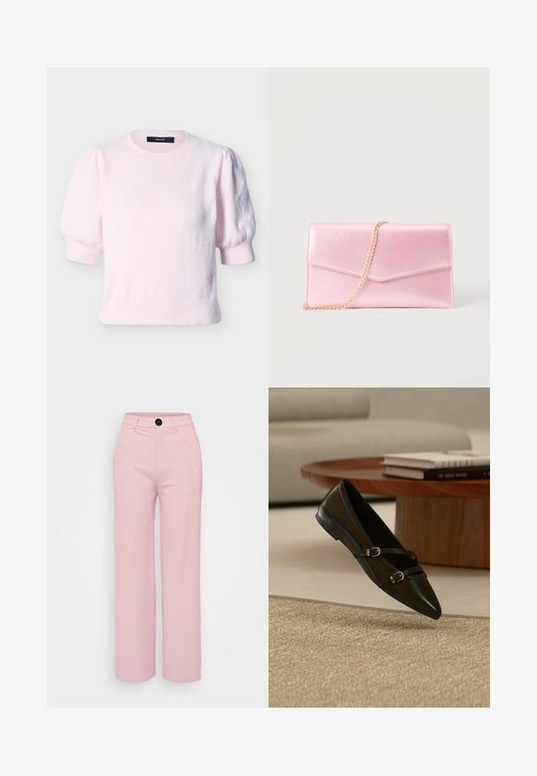 Lyserød kortærmet strikket sweater med pufærmer, ribstrikkede manchetter, halsudskæring og kant, mærket VERO MODA.; Lys rosa bred benbukser med en glat tekstur, der har en sort knap og et klassisk talje design. Ingen ekstra lommer synlige.; Sort flad sko med spids snude og to tynde remme med spænder, der svæver over et beige tæppe, med et bord i træ og bøger i baggrunden.; Lyserød rektangulær clutch med konvolutklap og en tynd guldkædestrop på en ensfarvet baggrund.