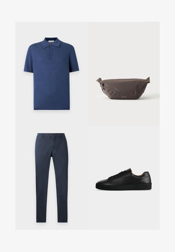 Herre blå kortærmet polo skjorte med krave og tre sorte knapper på frontknapstolpen, ensfarvet strikket stof, vist på hvid baggrund.; Mørkeblå bukser med slim fit, lavet af en blanding af bomuldsstof. Har standard talje, frontlynlås og sidelommer.; Sort lavtopet læder-sneaker med sorte snørebånd, tekstureret gummisål og lille præget logo på siden, vist i profil mod grå baggrund.; Mørkebrun stof talje taske med diagonalt lynlåslomme og lille hvidt logo på fronten, sat mod en ensfarvet lys baggrund.